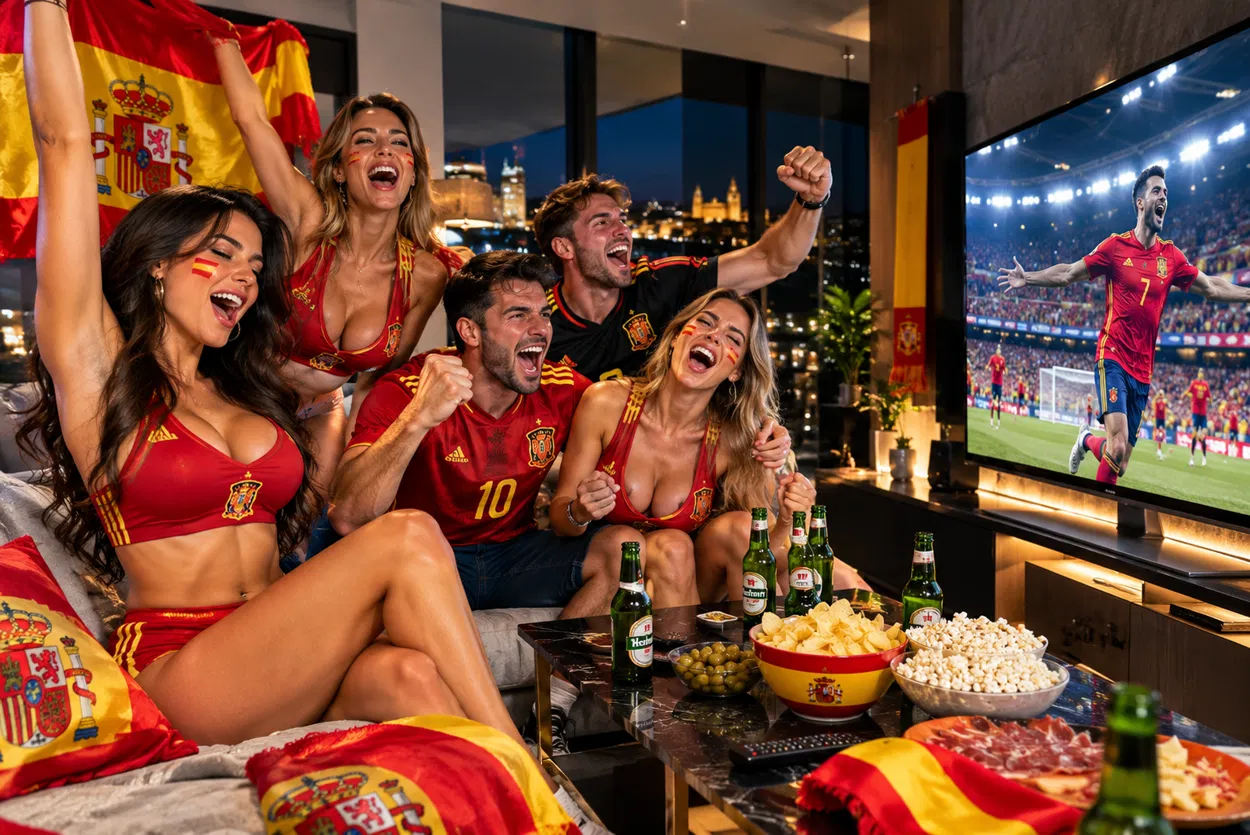 Aficionados celebrando frente al televisor