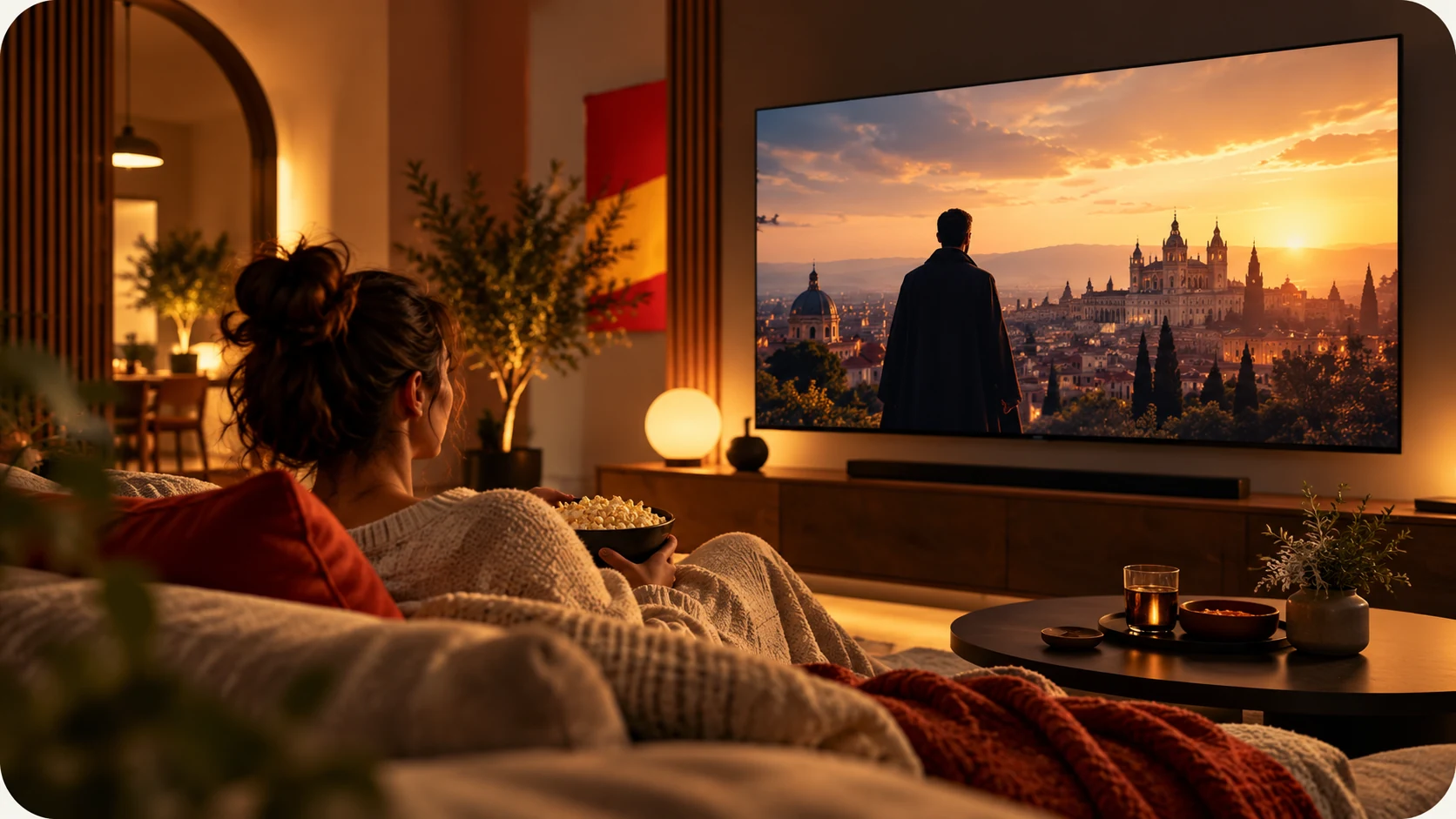 Salón moderno con ambiente de cine en casa y gran pantalla
